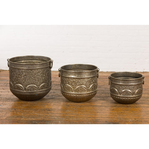 Three Vintage Indian Nested Silver over Brass Vessels with Repoussé Floral Décor-YN7897-17. Asian & Chinese Furniture, Art, Antiques, Vintage Home Décor for sale at FEA Home