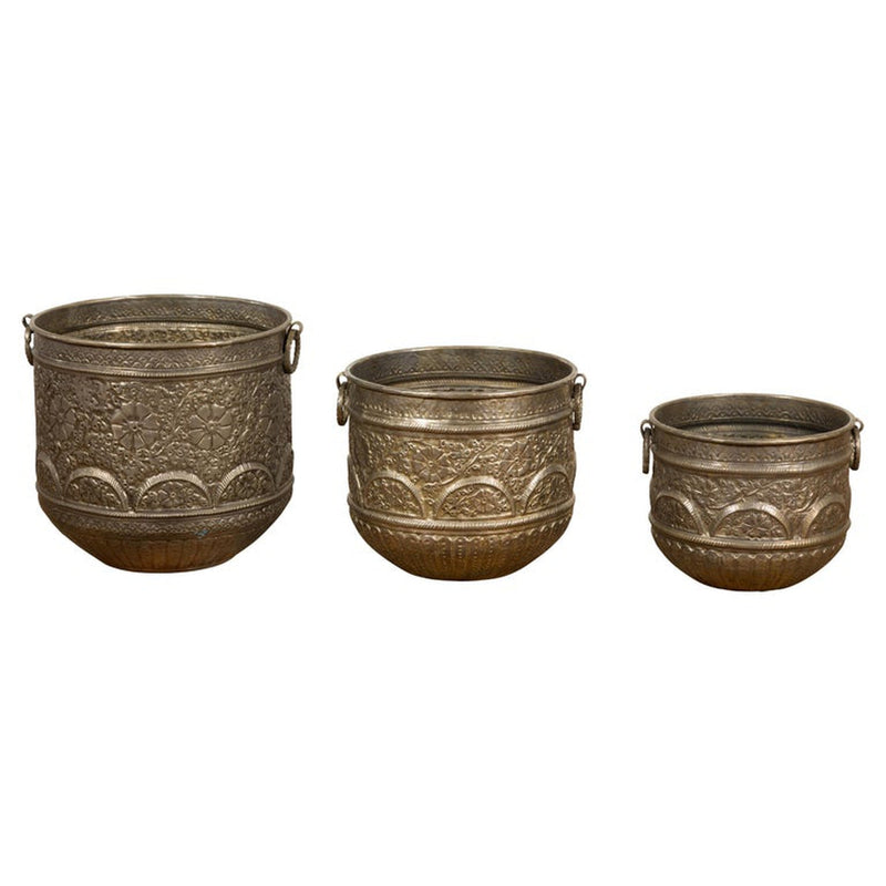 Three Vintage Indian Nested Silver over Brass Vessels with Repoussé Floral Décor-YN7897-1. Asian & Chinese Furniture, Art, Antiques, Vintage Home Décor for sale at FEA Home