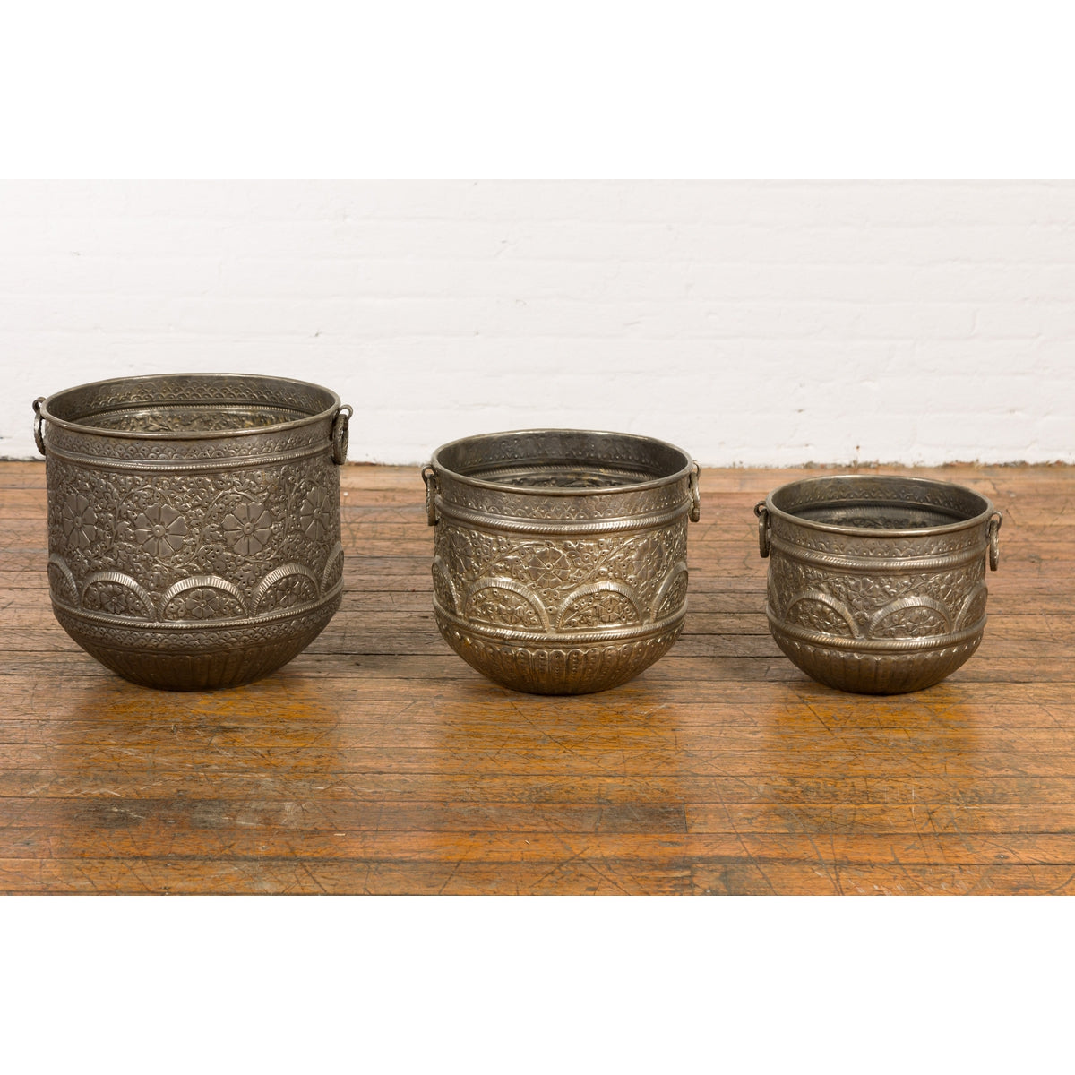 Three Vintage Indian Nested Silver over Brass Vessels with Repoussé Floral Décor-2. Asian & Chinese Furniture, Art, Antiques, Vintage Home Décor for sale at FEA Home