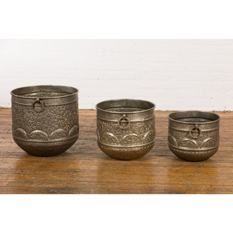 Three Vintage Indian Nested Silver over Brass Vessels with Repoussé Floral Décor-YN7897-5. Asian & Chinese Furniture, Art, Antiques, Vintage Home Décor for sale at FEA Home