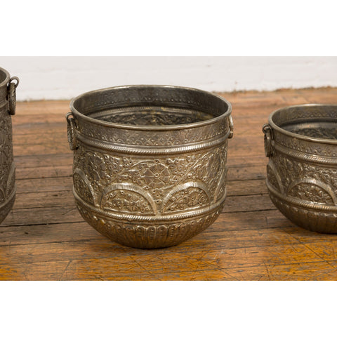 Three Vintage Indian Nested Silver over Brass Vessels with Repoussé Floral Décor-YN7897-7. Asian & Chinese Furniture, Art, Antiques, Vintage Home Décor for sale at FEA Home