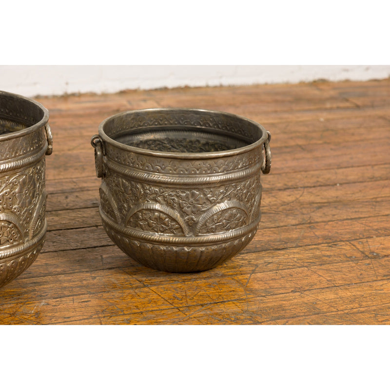 Three Vintage Indian Nested Silver over Brass Vessels with Repoussé Floral Décor-YN7897-8. Asian & Chinese Furniture, Art, Antiques, Vintage Home Décor for sale at FEA Home