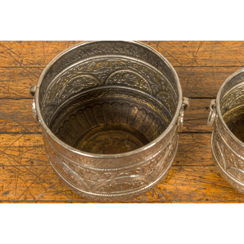 Set of Three Silver Nested Brass Planters-YN7898-14. Asian & Chinese Furniture, Art, Antiques, Vintage Home Décor for sale at FEA Home