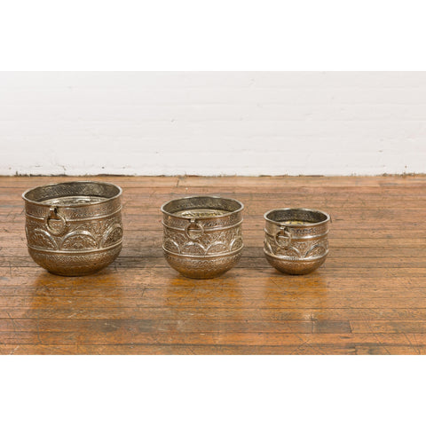 Set of Three Silver Nested Brass Planters-YN7898-16. Asian & Chinese Furniture, Art, Antiques, Vintage Home Décor for sale at FEA Home