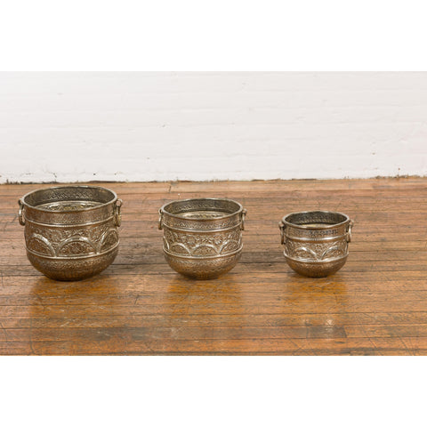 Set of Three Silver Nested Brass Planters-YN7898-17. Asian & Chinese Furniture, Art, Antiques, Vintage Home Décor for sale at FEA Home