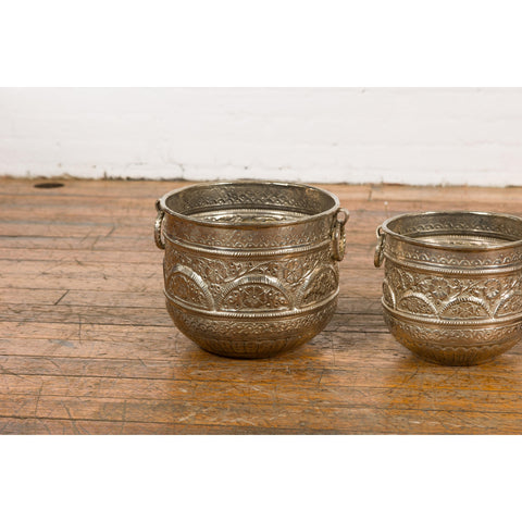 Set of Three Silver Nested Brass Planters-YN7898-5. Asian & Chinese Furniture, Art, Antiques, Vintage Home Décor for sale at FEA Home