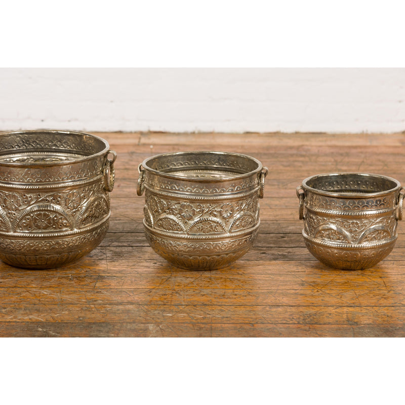 Set of Three Silver Nested Brass Planters-YN7898-6. Asian & Chinese Furniture, Art, Antiques, Vintage Home Décor for sale at FEA Home