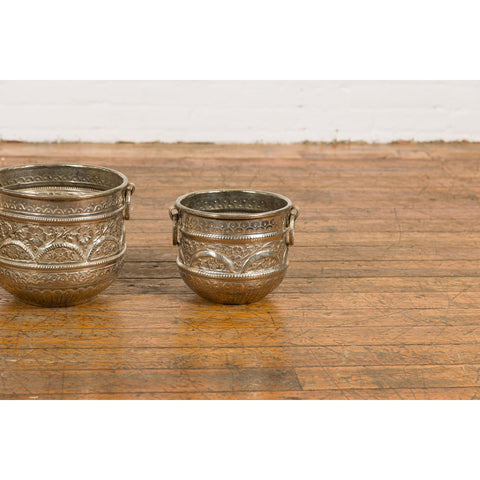 Set of Three Silver Nested Brass Planters-YN7898-7. Asian & Chinese Furniture, Art, Antiques, Vintage Home Décor for sale at FEA Home
