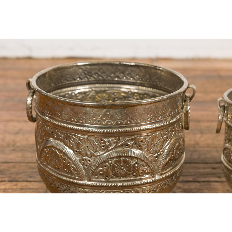 Set of Three Silver Nested Brass Planters-YN7898-8. Asian & Chinese Furniture, Art, Antiques, Vintage Home Décor for sale at FEA Home