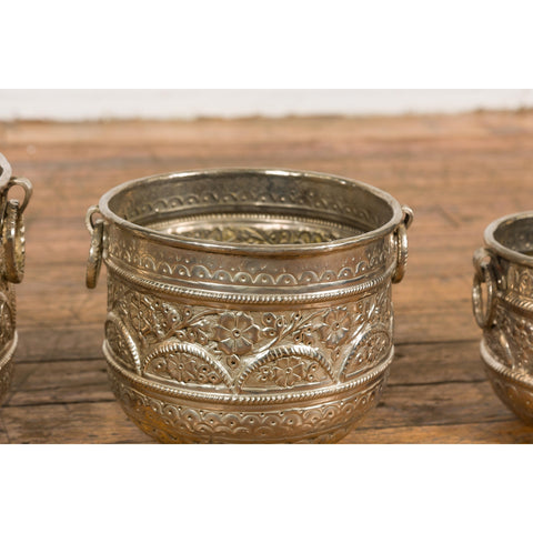 Set of Three Silver Nested Brass Planters-YN7898-10. Asian & Chinese Furniture, Art, Antiques, Vintage Home Décor for sale at FEA Home