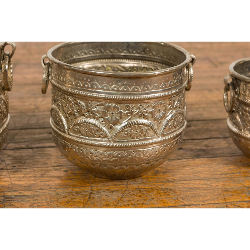 Set of Three Silver Nested Brass Planters-YN7898-11. Asian & Chinese Furniture, Art, Antiques, Vintage Home Décor for sale at FEA Home