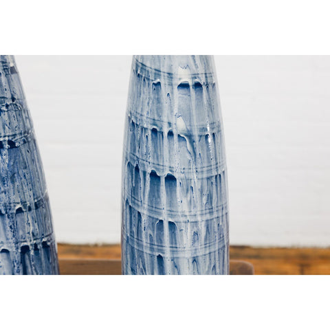 Slender Blue Vase with Spiralling and Dripping Décor, Two Sold Each-YN7900 A&B-15. Asian & Chinese Furniture, Art, Antiques, Vintage Home Décor for sale at FEA Home