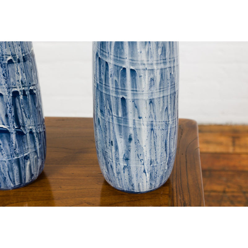 Slender Blue Vase with Spiralling and Dripping Décor, Two Sold Each-YN7900 A&B-16. Asian & Chinese Furniture, Art, Antiques, Vintage Home Décor for sale at FEA Home