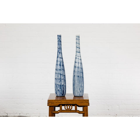 Slender Blue Vase with Spiralling and Dripping Décor, Two Sold Each-YN7900 A&B-17. Asian & Chinese Furniture, Art, Antiques, Vintage Home Décor for sale at FEA Home