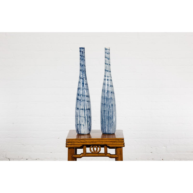 Slender Blue Vase with Spiralling and Dripping Décor, Two Sold Each-YN7900 A&B-18. Asian & Chinese Furniture, Art, Antiques, Vintage Home Décor for sale at FEA Home