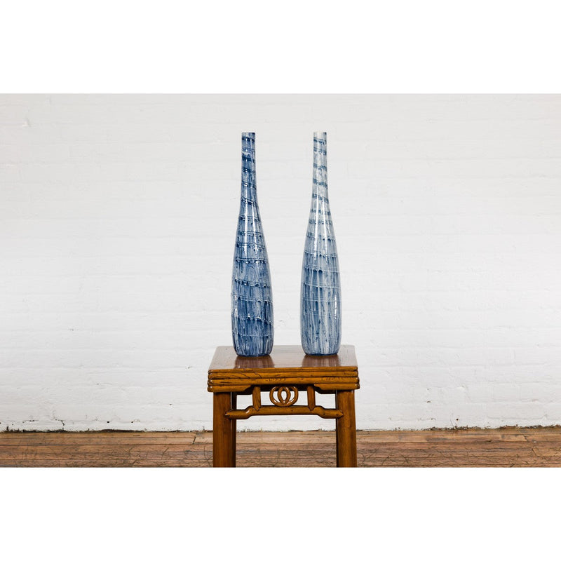 Slender Blue Vase with Spiralling and Dripping Décor, Two Sold Each-YN7900 A&B-3. Asian & Chinese Furniture, Art, Antiques, Vintage Home Décor for sale at FEA Home