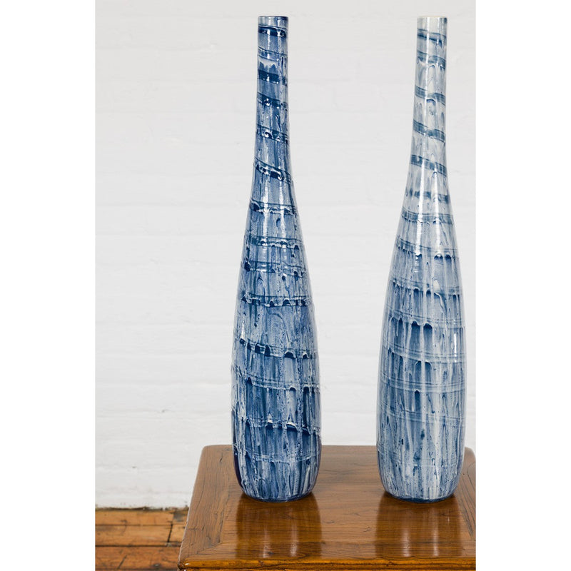 Slender Blue Vase with Spiralling and Dripping Décor, Two Sold Each-YN7900 A&B-6. Asian & Chinese Furniture, Art, Antiques, Vintage Home Décor for sale at FEA Home
