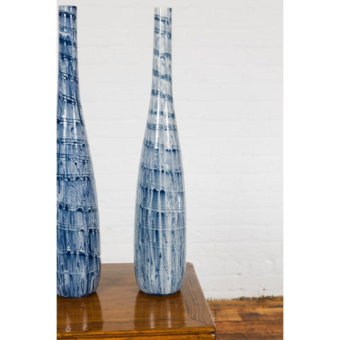 Slender Blue Vase with Spiralling and Dripping Décor, Two Sold Each-YN7900 A&B-7. Asian & Chinese Furniture, Art, Antiques, Vintage Home Décor for sale at FEA Home