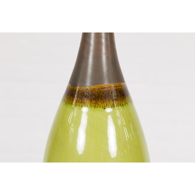 Artisan Handmade Lime Green Glazed Ceramic Vase with Brown Neck-YN7907-7. Asian & Chinese Furniture, Art, Antiques, Vintage Home Décor for sale at FEA Home