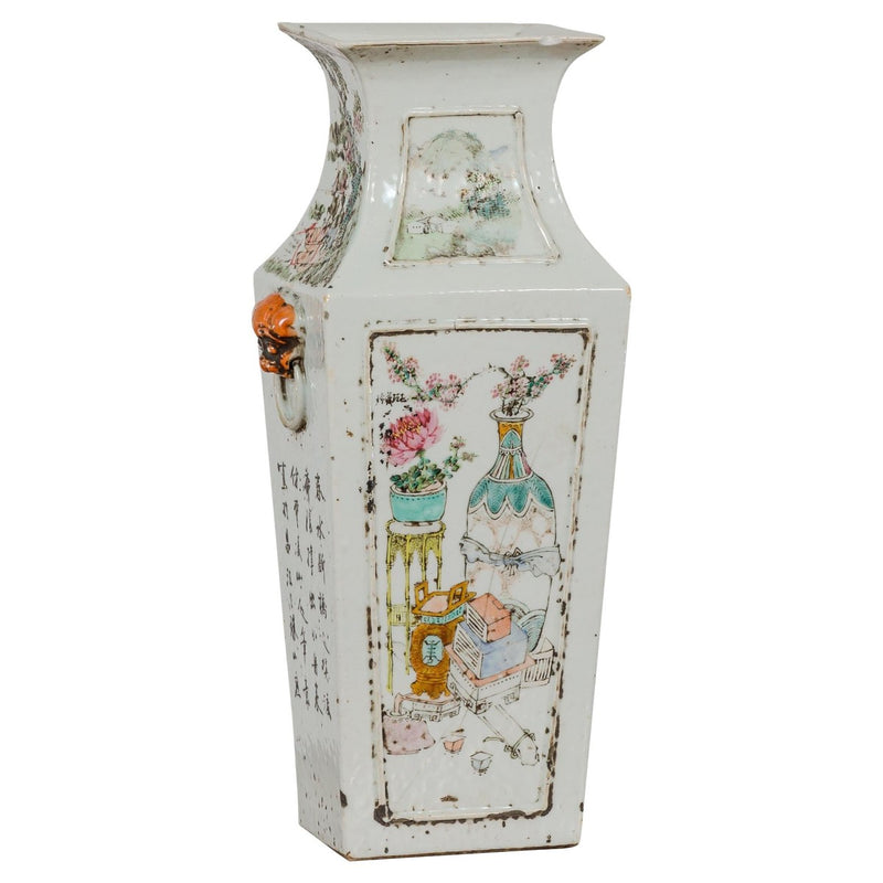 Qing Dynasty White Porcelain Vase with Painted Flowers, Objects and Calligraphy-YN7910-1. Asian & Chinese Furniture, Art, Antiques, Vintage Home Décor for sale at FEA Home