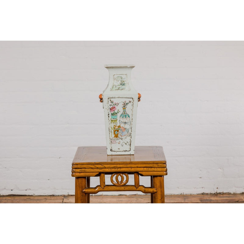 Qing Dynasty White Porcelain Vase with Painted Flowers, Objects and Calligraphy-YN7910-2. Asian & Chinese Furniture, Art, Antiques, Vintage Home Décor for sale at FEA Home