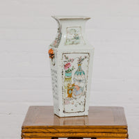 Qing Dynasty White Porcelain Vase with Painted Flowers, Objects and Calligraphy