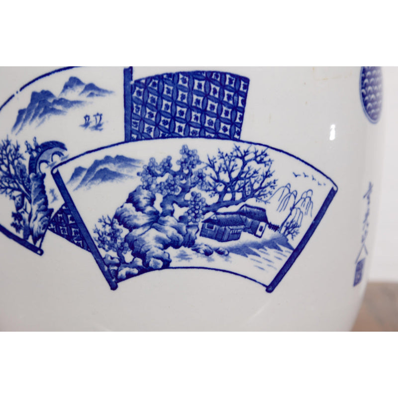 Blue and White Porcelain Planter with Hand Painted Landscape-YN7913-10. Asian & Chinese Furniture, Art, Antiques, Vintage Home Décor for sale at FEA Home