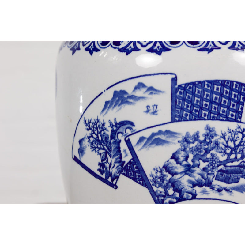 Blue and White Porcelain Planter with Hand Painted Landscape-YN7913-11. Asian & Chinese Furniture, Art, Antiques, Vintage Home Décor for sale at FEA Home