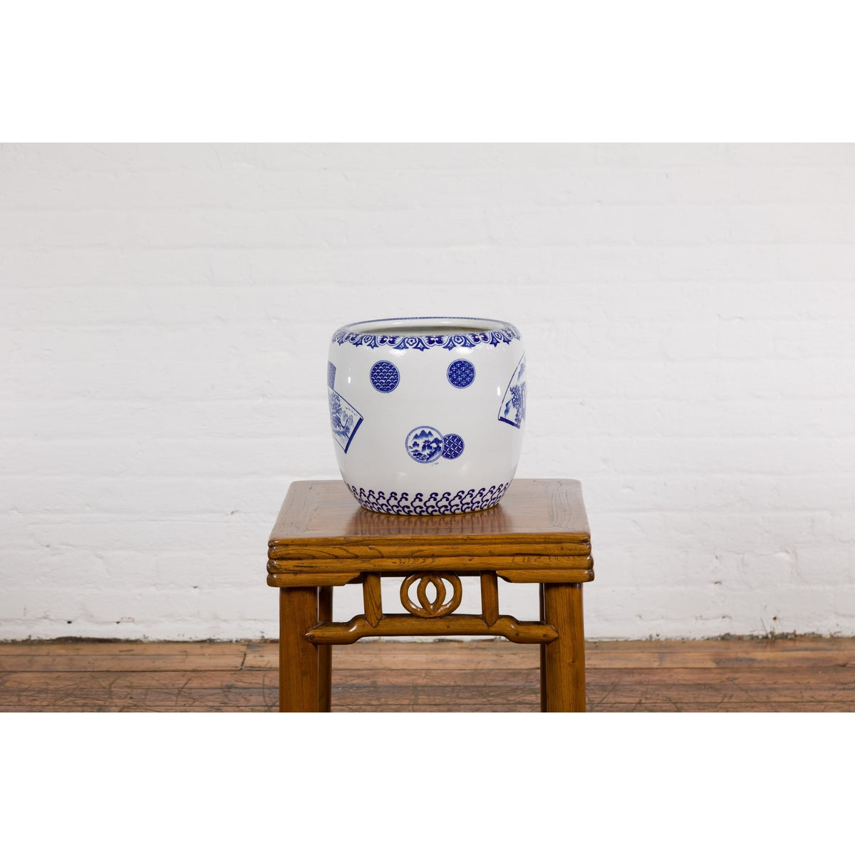 Blue and White Porcelain Planter with Hand Painted Landscape-12. Asian &amp; Chinese Furniture, Art, Antiques, Vintage Home Décor for sale at FEA Home