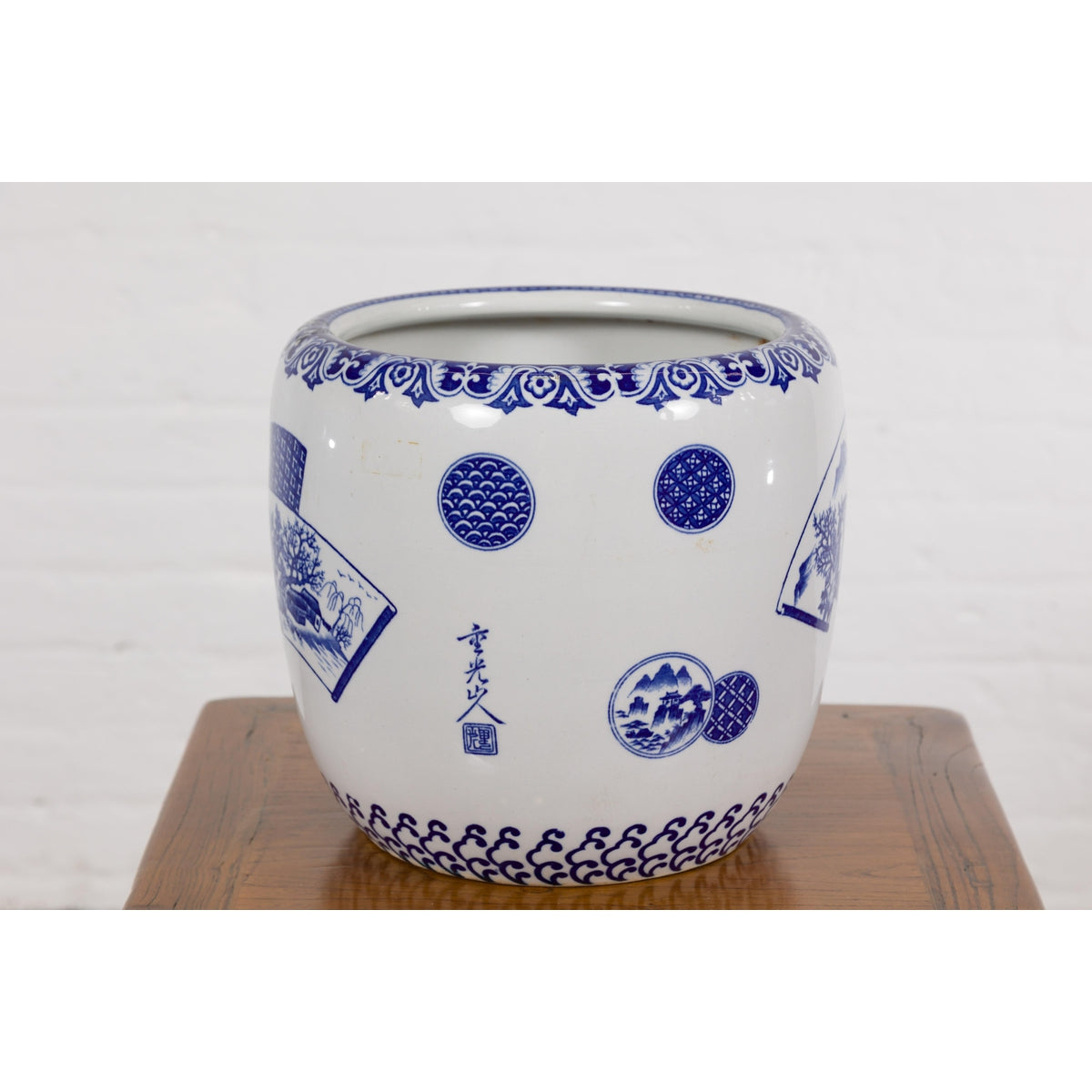 Blue and White Porcelain Planter with Hand Painted Landscape-13. Asian &amp; Chinese Furniture, Art, Antiques, Vintage Home Décor for sale at FEA Home