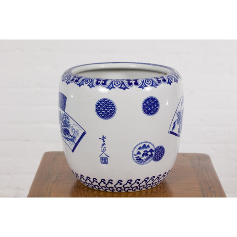 Blue and White Porcelain Planter with Hand Painted Landscape-YN7913-13. Asian & Chinese Furniture, Art, Antiques, Vintage Home Décor for sale at FEA Home