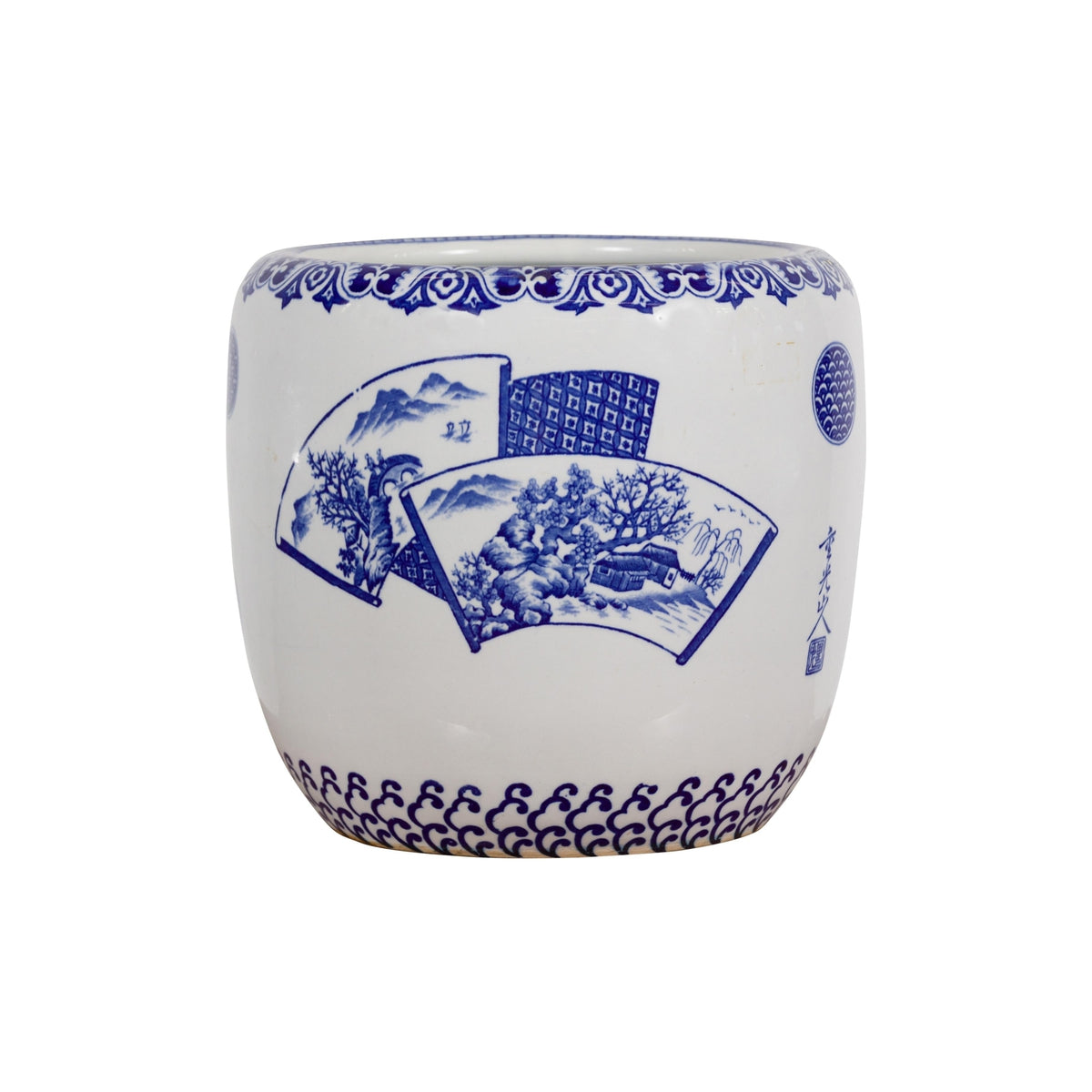 Blue and White Porcelain Planter with Hand Painted Landscape-16. Asian &amp; Chinese Furniture, Art, Antiques, Vintage Home Décor for sale at FEA Home