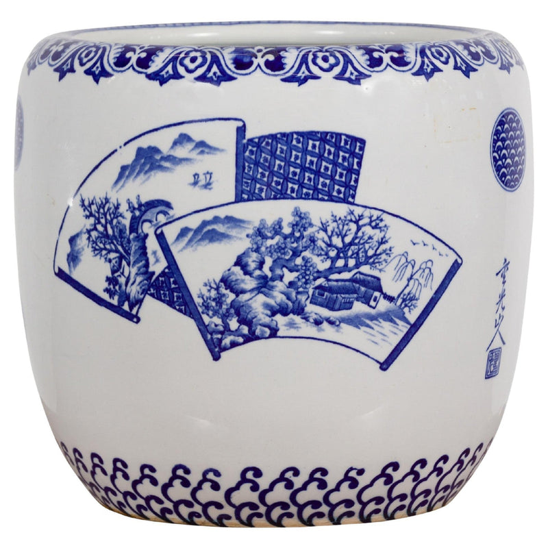 Blue and White Porcelain Planter with Hand Painted Landscape-YN7913-1. Asian & Chinese Furniture, Art, Antiques, Vintage Home Décor for sale at FEA Home