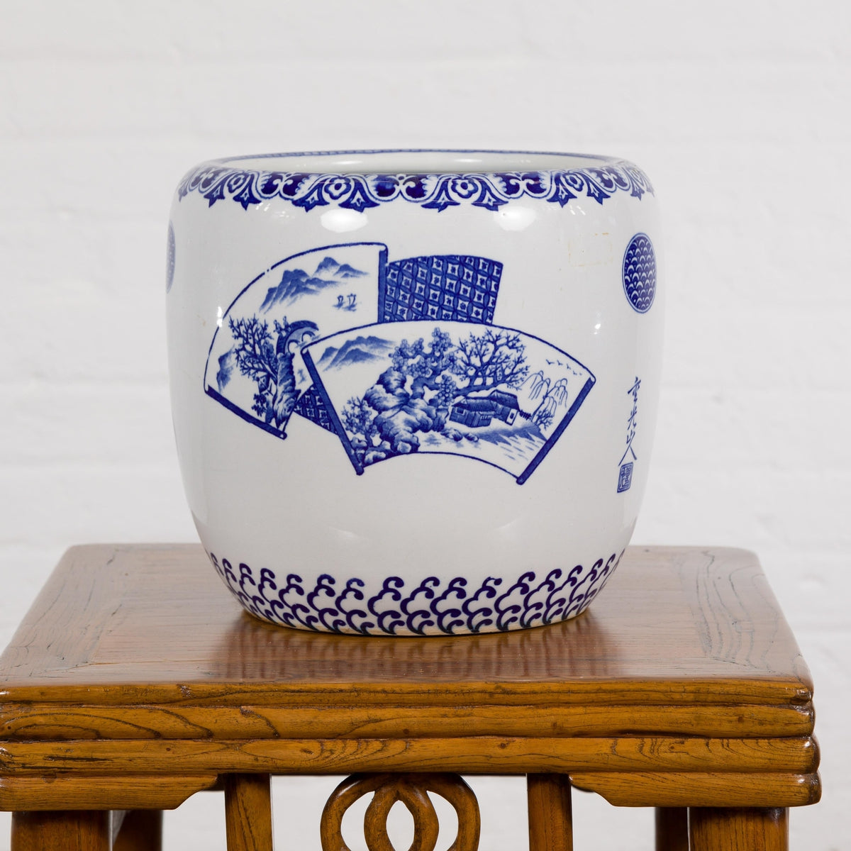 Blue and White Porcelain Planter with Hand Painted Landscape-5. Asian &amp; Chinese Furniture, Art, Antiques, Vintage Home Décor for sale at FEA Home