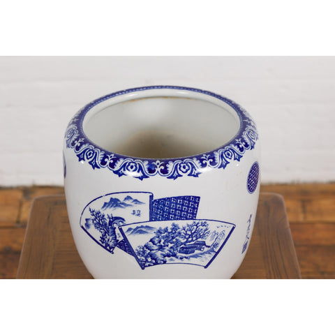 Blue and White Porcelain Planter with Hand Painted Landscape-YN7913-7. Asian & Chinese Furniture, Art, Antiques, Vintage Home Décor for sale at FEA Home