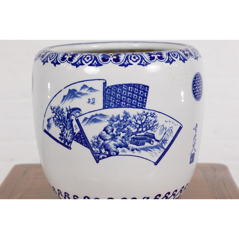Blue and White Porcelain Planter with Hand Painted Landscape-YN7913-8. Asian & Chinese Furniture, Art, Antiques, Vintage Home Décor for sale at FEA Home