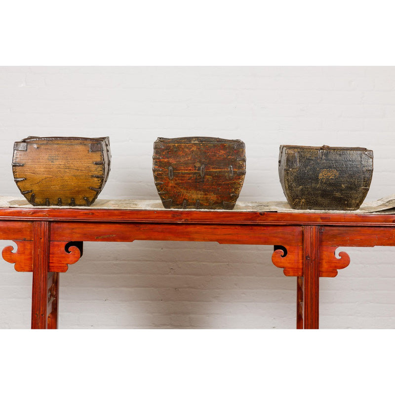 Wooden Rice Measure Baskets with Handles and Metal Accents, Sold Each-YN7917 ABC-10. Asian & Chinese Furniture, Art, Antiques, Vintage Home Décor for sale at FEA Home