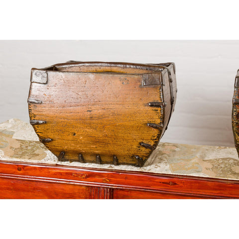 Wooden Rice Measure Baskets with Handles and Metal Accents, Sold Each-YN7917 ABC-4. Asian & Chinese Furniture, Art, Antiques, Vintage Home Décor for sale at FEA Home