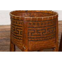 Brown Woven Rattan Baskets With Friezes on Raised Legs