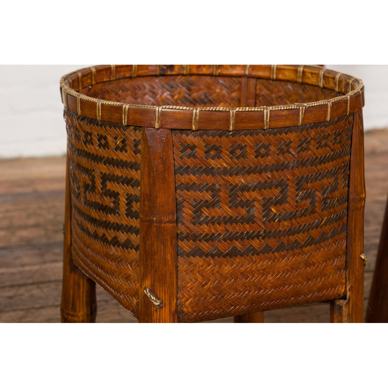 Brown Woven Rattan Baskets With Friezes on Raised Legs-11. Asian & Chinese Furniture, Art, Antiques, Vintage Home Décor for sale at FEA Home