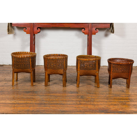 Brown Woven Rattan Baskets With Friezes on Raised Legs-13. Asian & Chinese Furniture, Art, Antiques, Vintage Home Décor for sale at FEA Home