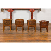 Brown Woven Rattan Baskets With Friezes on Raised Legs