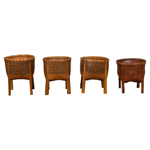 Brown Woven Rattan Baskets With Friezes on Raised Legs-YN7919 ABCD-1. Asian & Chinese Furniture, Art, Antiques, Vintage Home Décor for sale at FEA Home