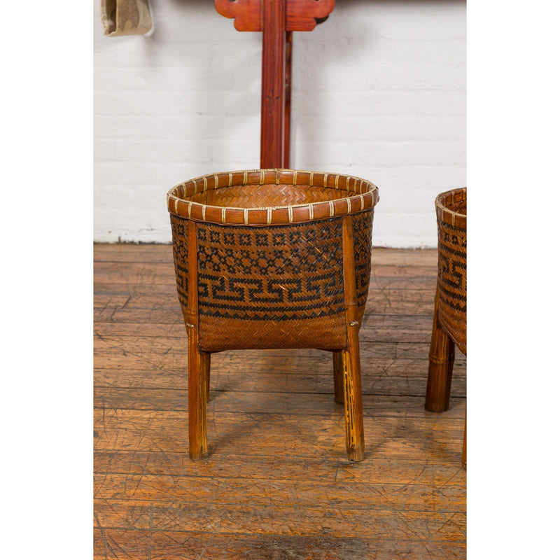Brown Woven Rattan Baskets With Friezes on Raised Legs-YN7919 ABCD-4. Asian & Chinese Furniture, Art, Antiques, Vintage Home Décor for sale at FEA Home