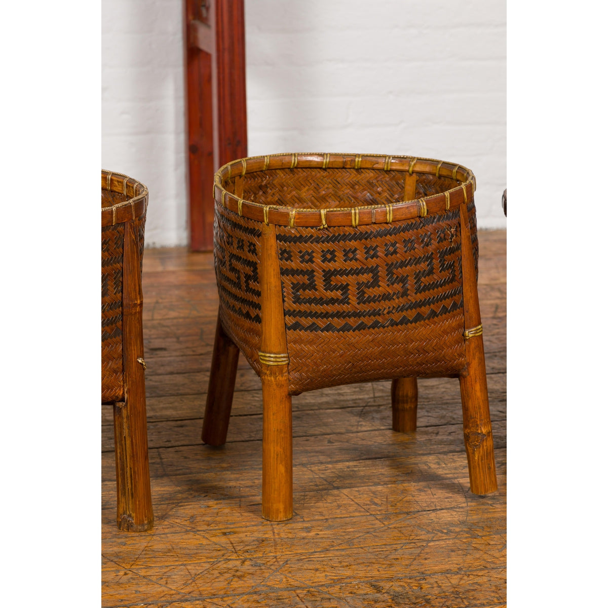 Brown Woven Rattan Baskets With Friezes on Raised Legs-YN7919 ABCD-6. Asian &amp; Chinese Furniture, Art, Antiques, Vintage Home Décor for sale at FEA Home