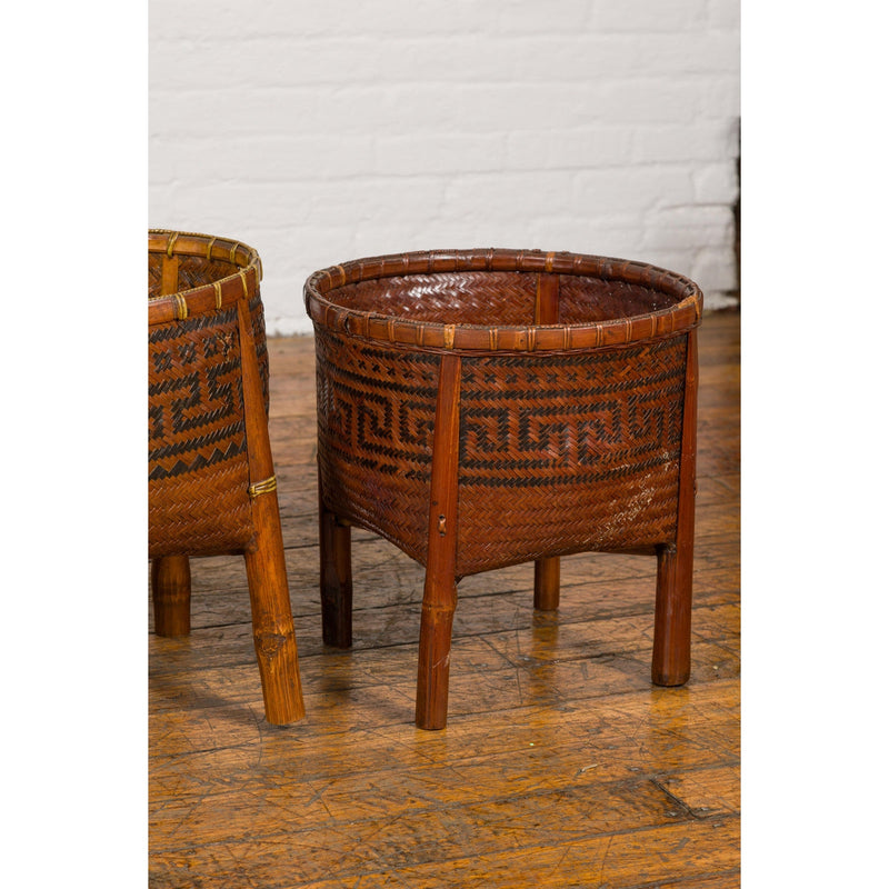 Brown Woven Rattan Baskets With Friezes on Raised Legs-YN7919 ABCD-7. Asian & Chinese Furniture, Art, Antiques, Vintage Home Décor for sale at FEA Home