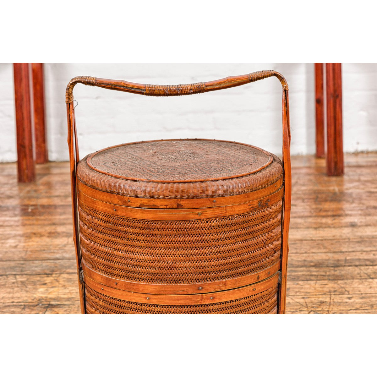 Two-Tiered Bamboo and Rattan Lidded Food Basket with Large Handle-5. Asian &amp; Chinese Furniture, Art, Antiques, Vintage Home Décor for sale at FEA Home