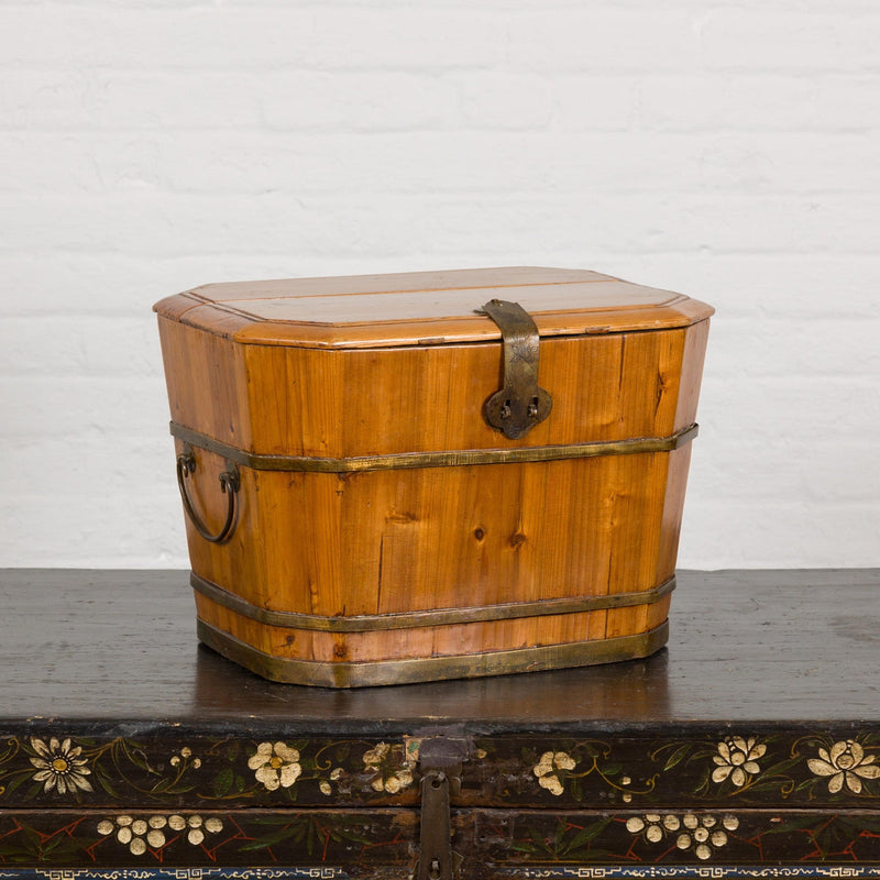 Late Qing Dynasty Wood and Brass Lidded Box with Lateral Handles-YN7929-12. Asian & Chinese Furniture, Art, Antiques, Vintage Home Décor for sale at FEA Home
