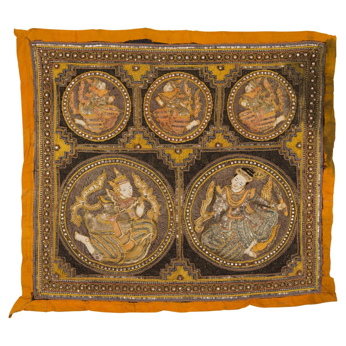 Orange and Yellow Antique Tapestry with Sequins-1. Asian & Chinese Furniture, Art, Antiques, Vintage Home Décor for sale at FEA Home