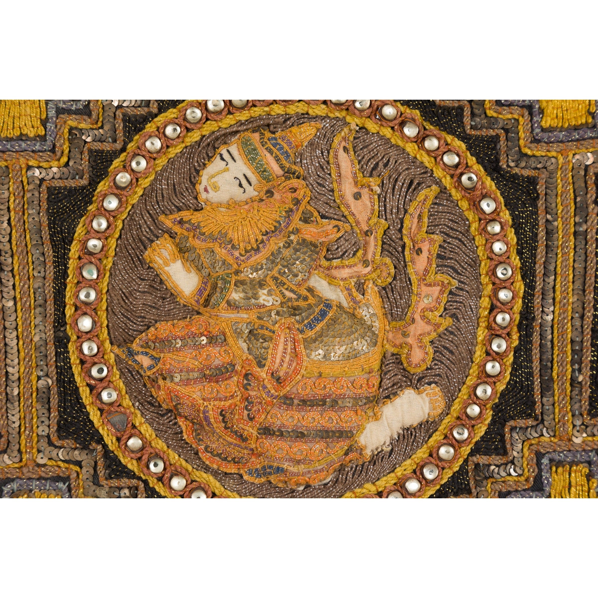 Orange and Yellow Antique Tapestry with Sequins-13. Asian &amp; Chinese Furniture, Art, Antiques, Vintage Home Décor for sale at FEA Home
